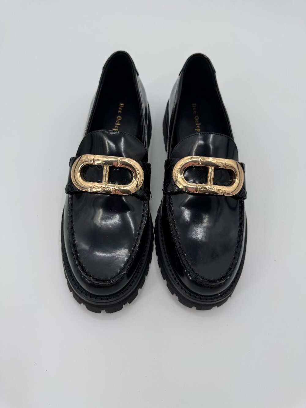 Dee Ocleppo Patent Lug Sole Loafers Womens Size 9 Black Gold Buckle Shoes